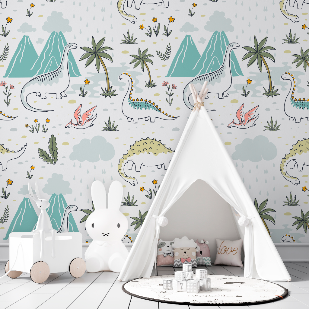 A children’s playroom featuring a white teepee tent, decorative large white rabbit, plush toys, and a round table, set against Decor2Go Wallpaper Mural's Dinosaurs Wallpaper Mural.