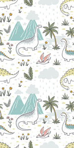 A playful Dinosaurs Wallpaper Mural from Decor2Go Wallpaper Mural featuring various dinosaurs, mountains, clouds, and floral elements in soft colors on a light background.