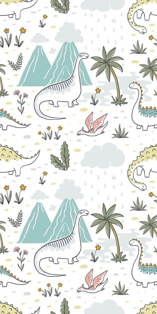 A playful Dinosaurs Wallpaper Mural from Decor2Go Wallpaper Mural featuring various dinosaurs, mountains, clouds, and floral elements in soft colors on a light background.