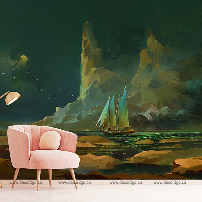 A stylish room with the Decor2Go Wallpaper Mural of a sailing ship on a glowing green ocean under a cliff, complemented by a modern pink armchair and a sleek floor lamp.