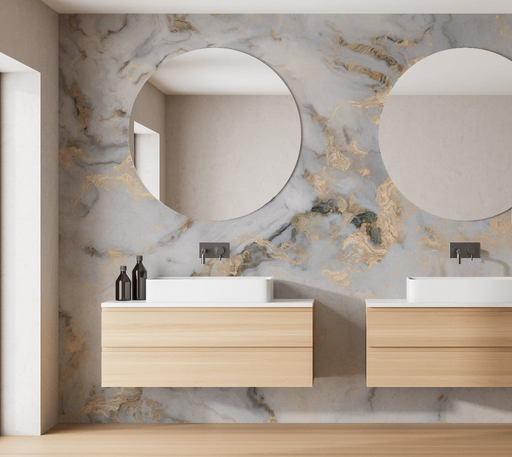 Bathroom - Modern bathroom interior with two round mirrors, Decor2Go Dreamscape Wallpaper Mural, and light wooden vanity counters featuring white rectangular basins.