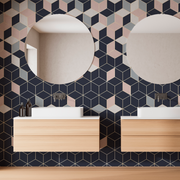 Bathroom - Modern bathroom interior featuring two round mirrors above floating wooden vanities against a Decor2Go Wallpaper Mural in shades of blue, peach, and cream.