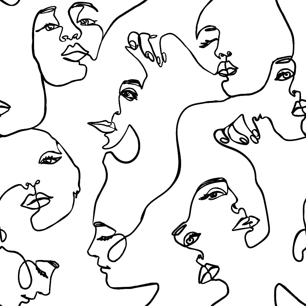 Abstract line art depicting multiple interconnected female faces in continuous line drawing style, using black lines on a white background for Decor2Go Wallpaper Mural.