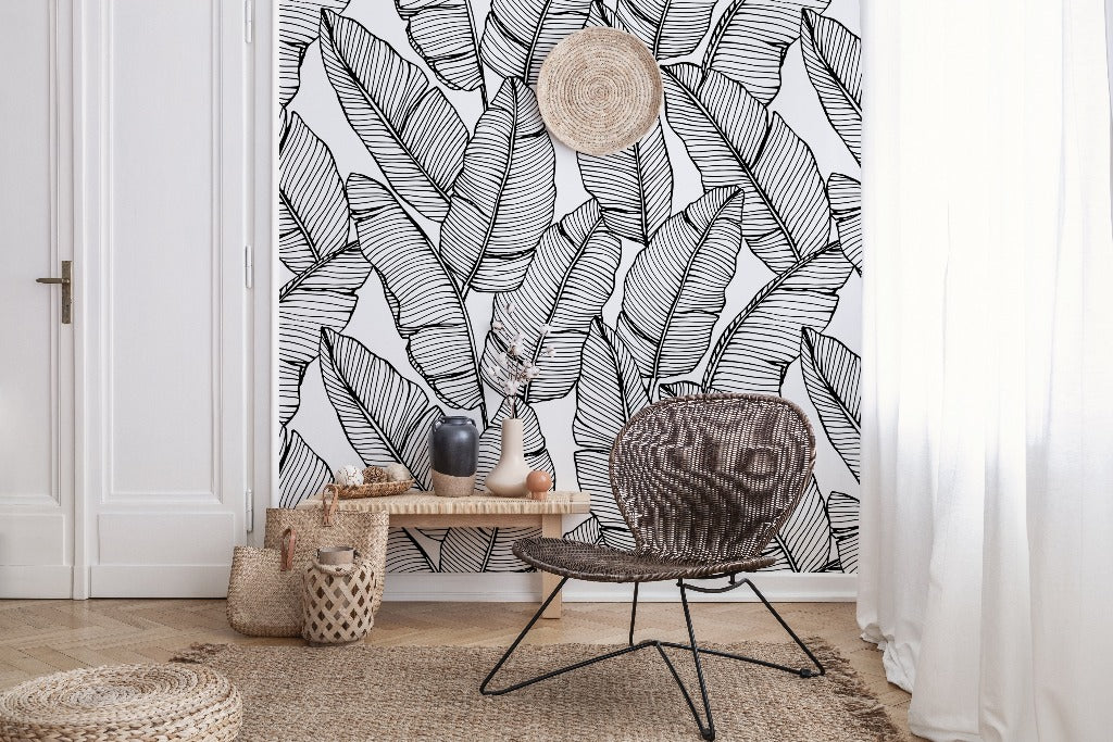 Feather Silhouettes Wallpaper Mural in the room black and white leaves