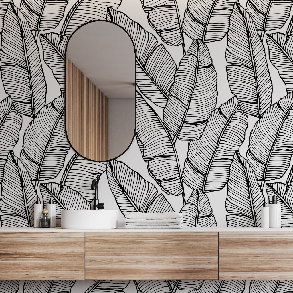 Feather Silhouettes Wallpaper Mural in the bathroom black and white leaves