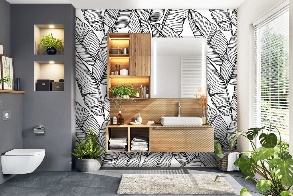 Bathroom - Feather Silhouettes Wallpaper Mural in the bathroom black and white leaves