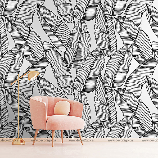 Feather Silhouettes Wallpaper Mural in the living room black and white leaves