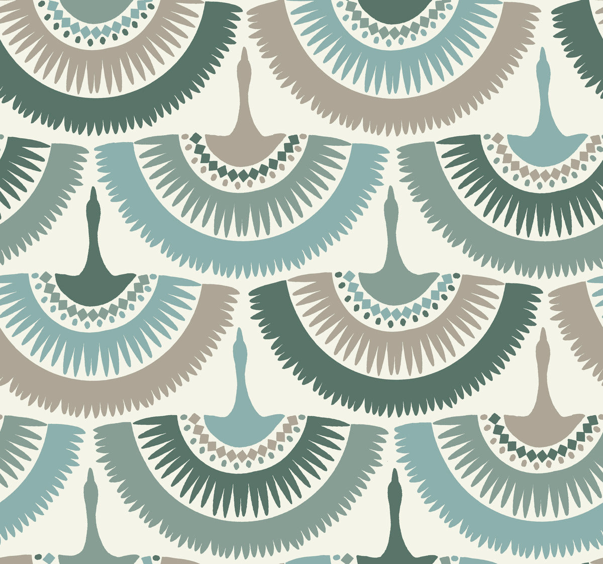 The Feather and Fringe Wallpaper Green by York Wallcoverings features a nature-inspired design with stylized, feather-like patterns in teal, beige, and gray. These semicircular shapes, reminiscent of peacock feathers with radiating lines, are set against a light background and crafted from durable material for lasting elegance.