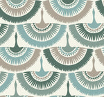 The Feather and Fringe Wallpaper Green by York Wallcoverings features a nature-inspired design with stylized, feather-like patterns in teal, beige, and gray. These semicircular shapes, reminiscent of peacock feathers with radiating lines, are set against a light background and crafted from durable material for lasting elegance.