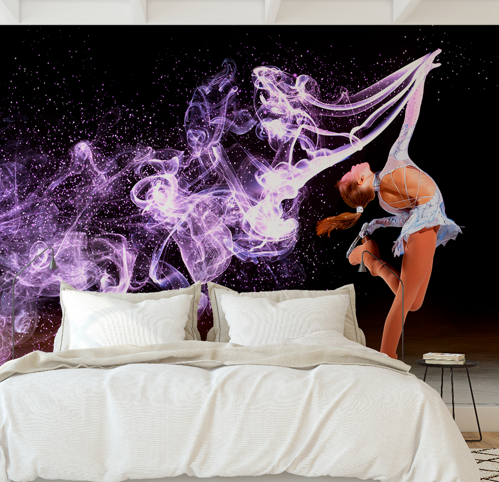 A female dancer, wearing a vibrant costume, gracefully sways while a wisp of purple smoke swirls around her. A Figure Skater Wallpaper Mural from Decor2Go Wallpaper Mural.