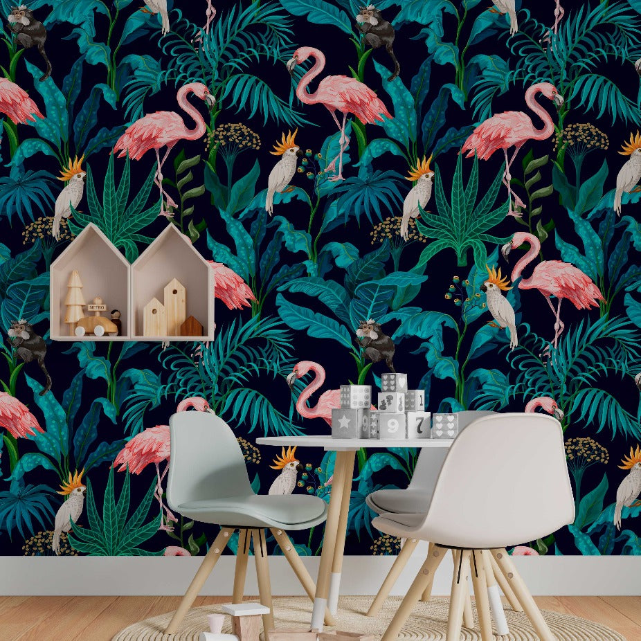 Children's play area with a small table and chairs, set against a vibrant tropical feature wall featuring Flamingo Fever Wallpaper Mural from Decor2Go Wallpaper Mural. Toys and decorative items are neatly arranged around the space.