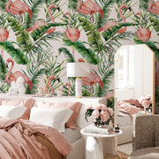 Bedroom - A charming bedroom decorated with a Decor2Go Wallpaper Mural featuring Flamingos and Tropical Leaves, alongside elegant furniture and natural light.