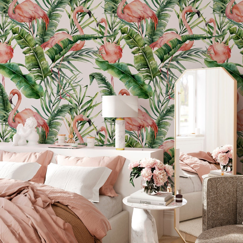 A charming bedroom decorated with a Decor2Go Wallpaper Mural featuring Flamingos and Tropical Leaves, alongside elegant furniture and natural light.