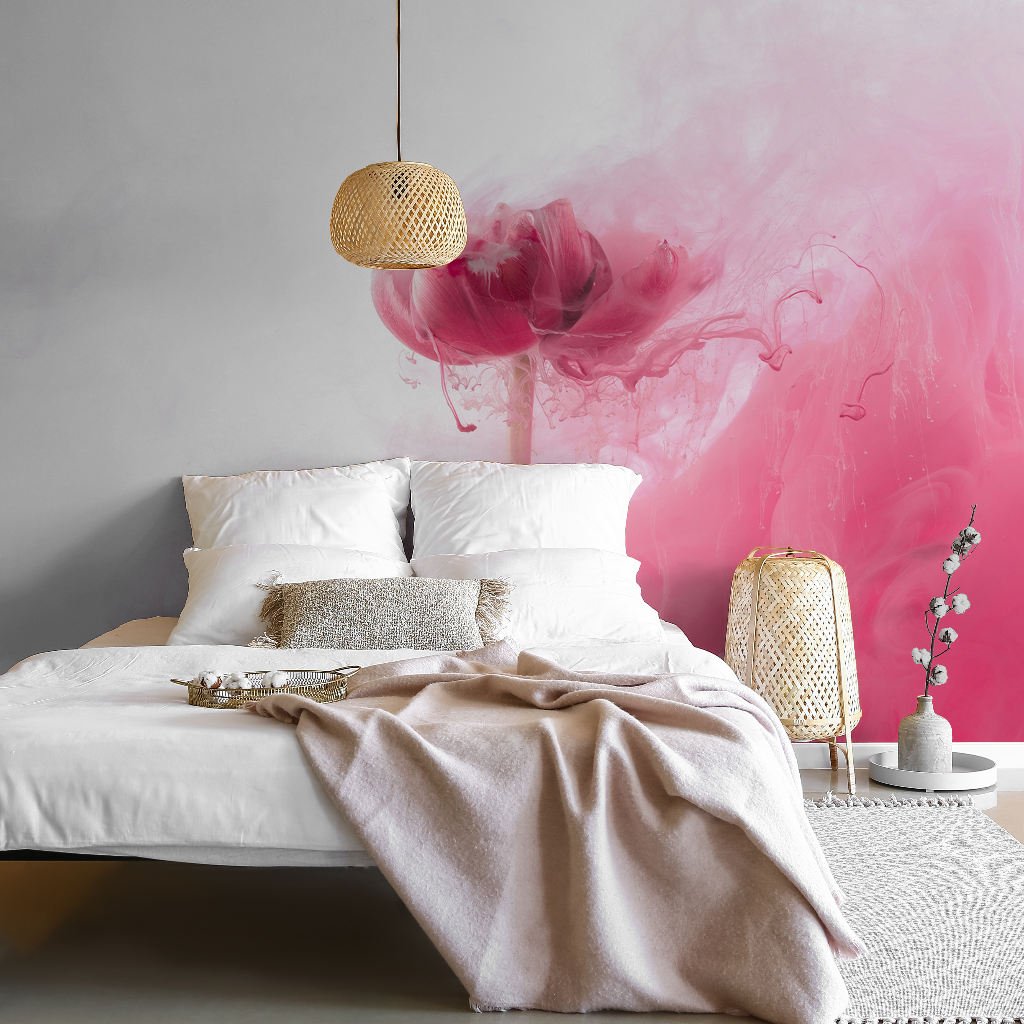 Bedroom - Floral Blush Wallpaper Mural in the bedroom with pink blanket