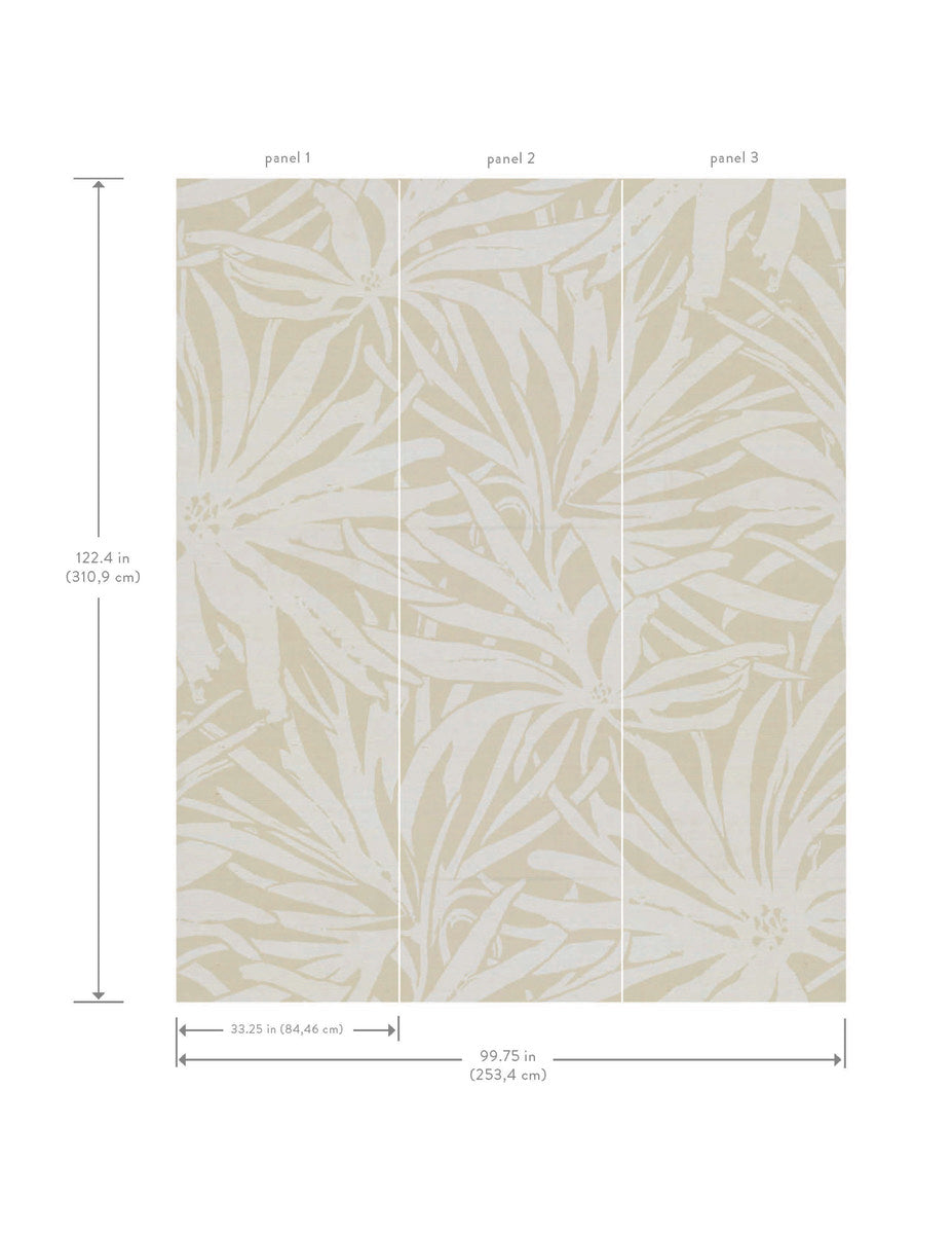 The Floral Canopy Beige Wallpaper Mural by York Wallcoverings features a beige and white abstract floral design in three 32.25" wide panels, forming a mural measuring 122.4" H x 99.75" W—perfect as a feature wall statement.