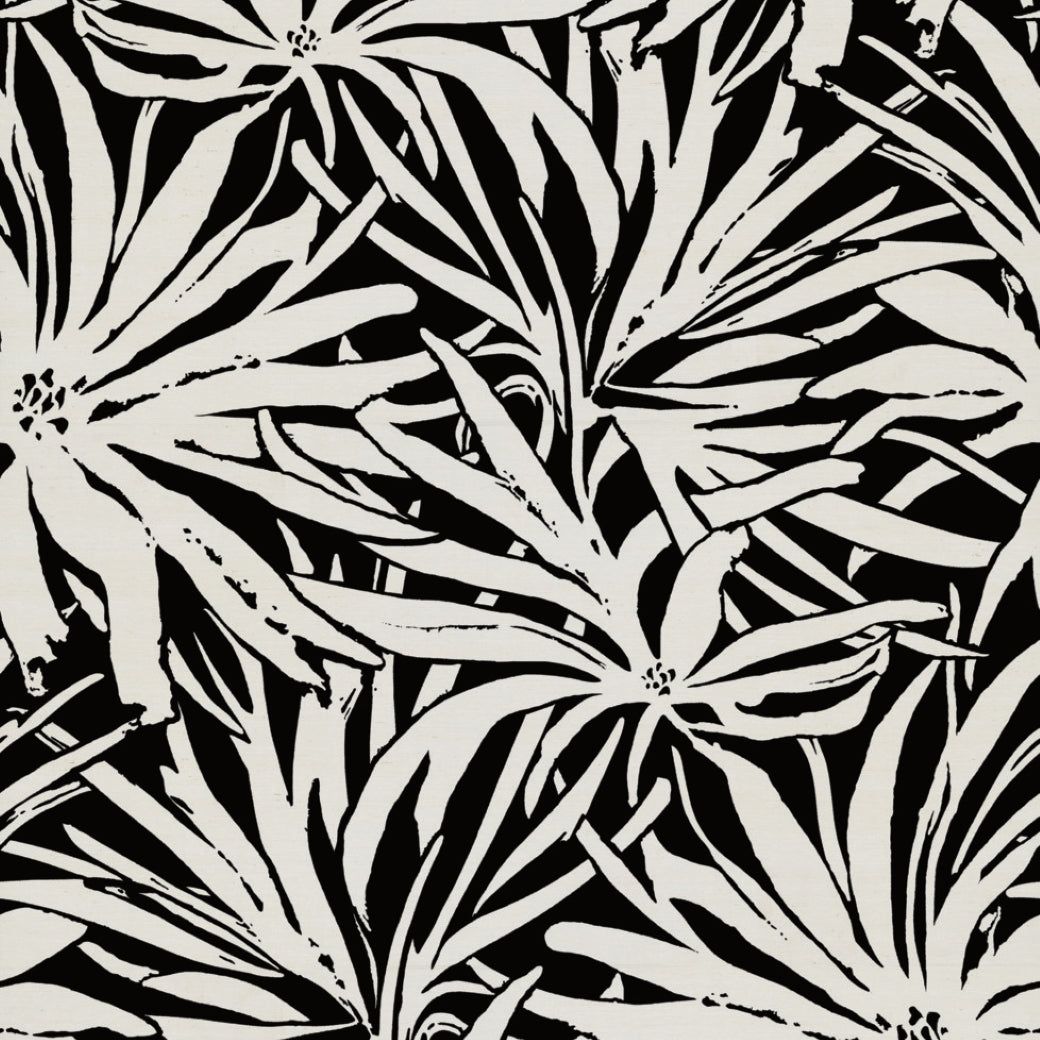 The Floral Canopy Black Wallpaper Mural (Panels) by York Wallcoverings features large, abstract black and white flowers and leaves overlapping in a bold, high-contrast design for a striking feature wall.
