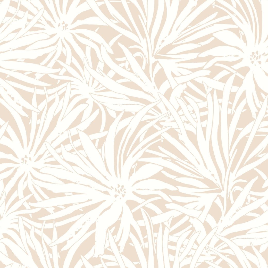 Floral Canopy Blush Wallpaper by York Wallcoverings (60 SqFt) features a beige and white botanical design with abstract, hand-drawn tropical leaves and flowers, creating a soft, natural look ideal for inviting spaces.