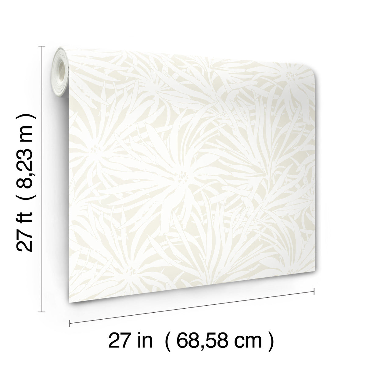 York Wallcoverings’ Floral Canopy Cream Wallpaper features a white floral pattern on a light background and covers 60 sq. ft. Each roll measures 27 feet long by 27 inches wide.