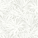 The Floral Canopy Grey Wallpaper by York Wallcoverings features white tropical leaves and flowers in a seamless botanical pattern on a light gray background, adding subtle elegance to any space. Covers 60 SqFt.