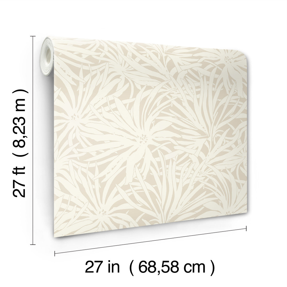 The Floral Canopy Linen Wallpaper by York Wallcoverings is a beige and white non-woven roll with a floral pattern, measuring 27 feet long and 27 inches wide, and covering 60 sq ft.