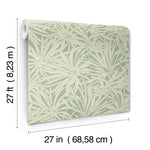 The York Wallcoverings Floral Canopy Olive Wallpaper covers 60 sq ft and features a green and cream botanical design with tropical leaves. Each roll measures 27 feet long by 27 inches wide, with measurement labels shown.