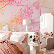 Bedroom - A bedroom with a mirror, a bed, and Decor2Go Wallpaper Mural floral filters wallpaper mural-inspired decor.