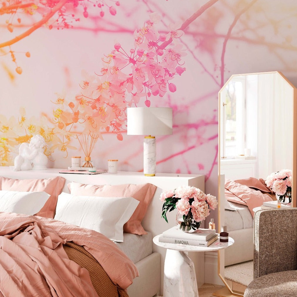 A bedroom with a mirror, a bed, and Decor2Go Wallpaper Mural floral filters wallpaper mural-inspired decor.