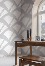 Dining room furniture with natural design and warm light with dynamic patterns wallpaper