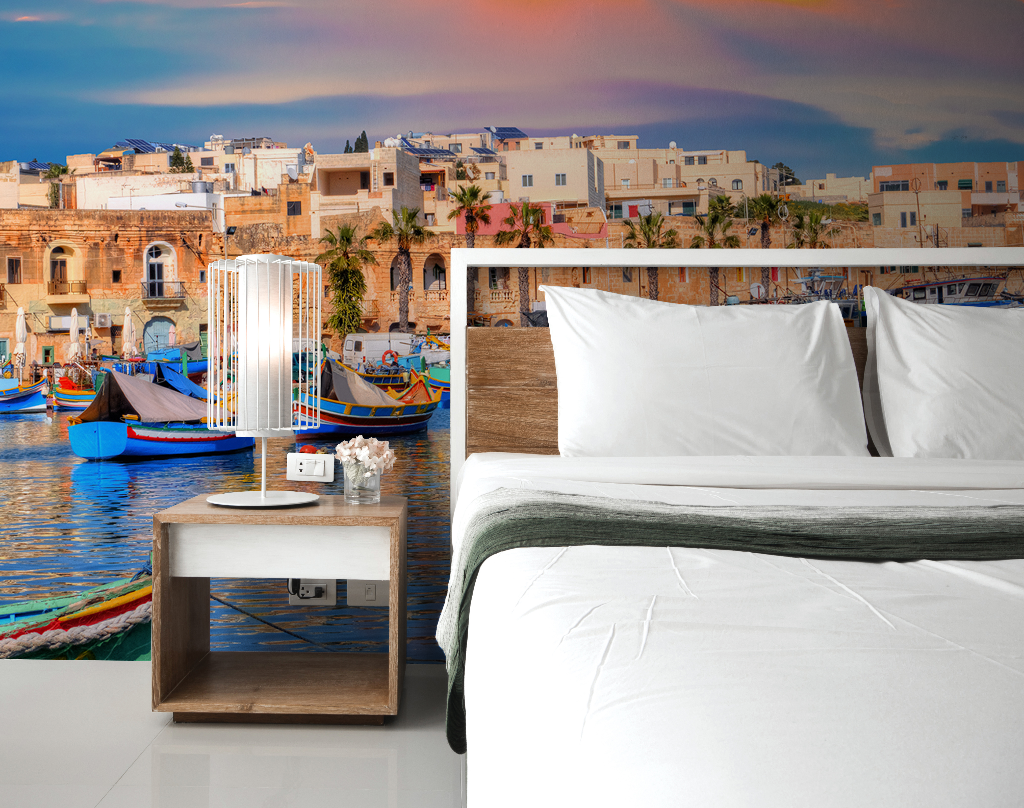 Bedroom - Forever Malta Wallpaper Mural in the bedroom with white bed