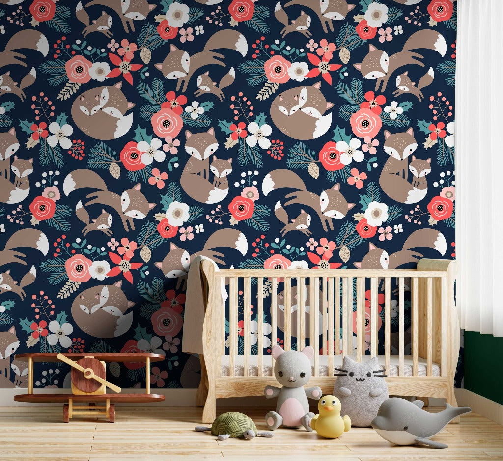 Nursery - A cozy nursery room featuring a Decor2Go Wallpaper Mural with a whimsical Foxes and Flowers pattern, a wooden crib, a rocking horse, and plush toys on a hardwood floor.