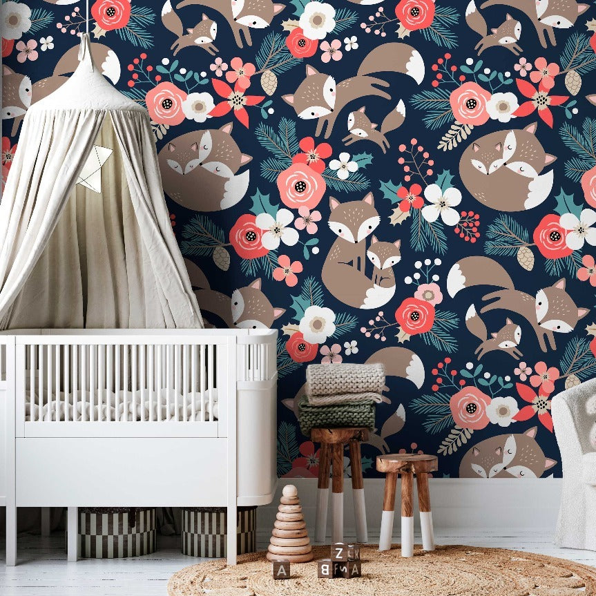 A cozy nursery room with a Decor2Go Foxes and Flowers Wallpaper Mural, white crib, beige teepee, and stylish furniture including a small stool and a comfy armchair.