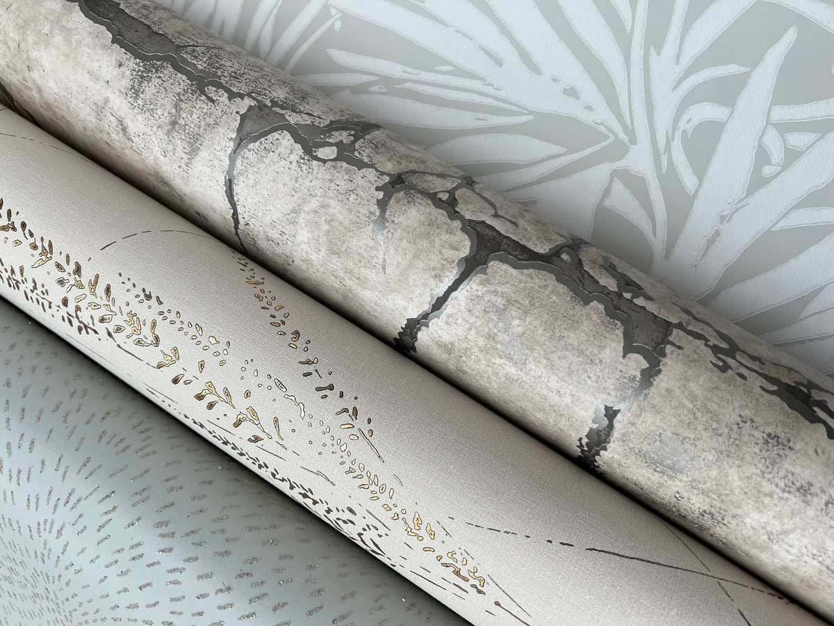 One of the three rolls is the York Wallcoverings Graceful Willow Pale Straw Wallpaper (60 SqFt), featuring a pale straw botanical design.