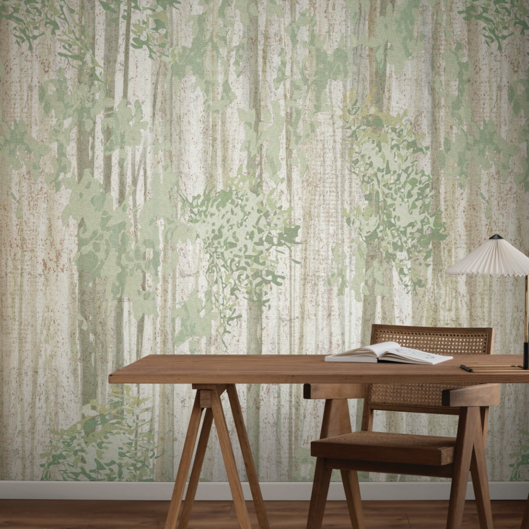 Home Office - A wooden desk and chair face a wall adorned with the Aspen Grove Forest Wallpaper Mural (2 Panels) by York Wallcoverings. On the desk are an open notebook, pen, and pleated lamp, creating a calm, minimalist