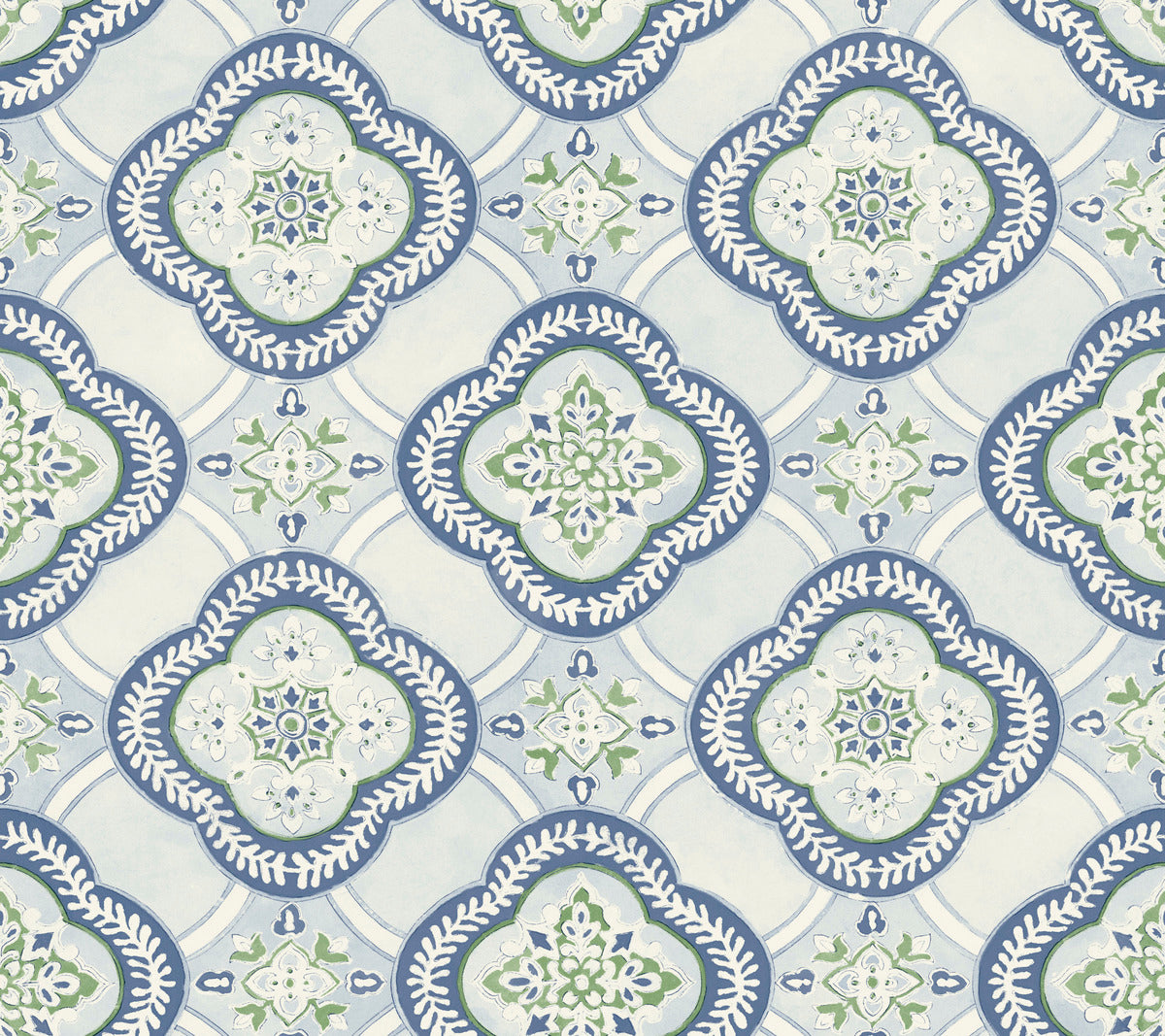 A seamless tile pattern featuring blue, green, and white motifs in symmetrical, intricate designs. Each tile has a central floral shape surrounded by curved lines and decorative elements, creating a harmonious, repeating geometric pattern with botanical elegance. The Garden Trellis Rain Wallpaper Blue, Grey (60 Sq.Ft.) by York Wallcoverings is ideal for easy installation and removal.