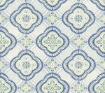 A seamless tile pattern featuring blue, green, and white motifs in symmetrical, intricate designs. Each tile has a central floral shape surrounded by curved lines and decorative elements, creating a harmonious, repeating geometric pattern with botanical elegance. The Garden Trellis Rain Wallpaper Blue, Grey (60 Sq.Ft.) by York Wallcoverings is ideal for easy installation and removal.