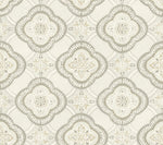 An intricate geometric pattern featuring symmetrical designs with floral and leaf motifs in shades of gray, beige, and white. This Garden Trellis Rain Wallpaper Blue, Grey (60 Sq.Ft.) by York Wallcoverings exudes botanical elegance, with design elements varying in size to form a uniform, ornate pattern that’s both easy to install and remove.