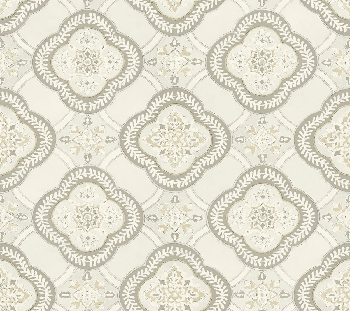 An intricate, repeating pattern featuring cream, taupe, and light gray floral and geometric shapes on a light beige background. The design includes symmetrical, ornate motifs with a vintage, classic style. This botanical elegance offers the perfect touch to your space with Garden Trellis Onyx Wallpaper Black, Grey (60 Sq.Ft.) from York Wallcoverings.