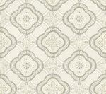 A seamless pattern featuring ornate, symmetrical floral motifs in beige, gray, and white hues. The design has a vintage, wallpaper-like appearance with intricate detailing resembling traditional tile patterns. Offering botanical elegance, the light background enhances the contrast perfectly. This describes the Garden Trellis Ochre Wallpaper Yellow (60 Sq.Ft.) by York Wallcoverings.