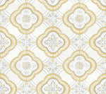 A repeating pattern featuring an ornate design in gold and white hues, showcasing Botanical Elegance. Each section displays a diamond shape with intricate floral and leaf motifs. The off-white background adds contrast to the gold and light grey detailing, perfect for York Wallcoverings Garden Trellis Ochre Wallpaper Yellow (60 Sq.Ft.) with Easy Installation and Removal.