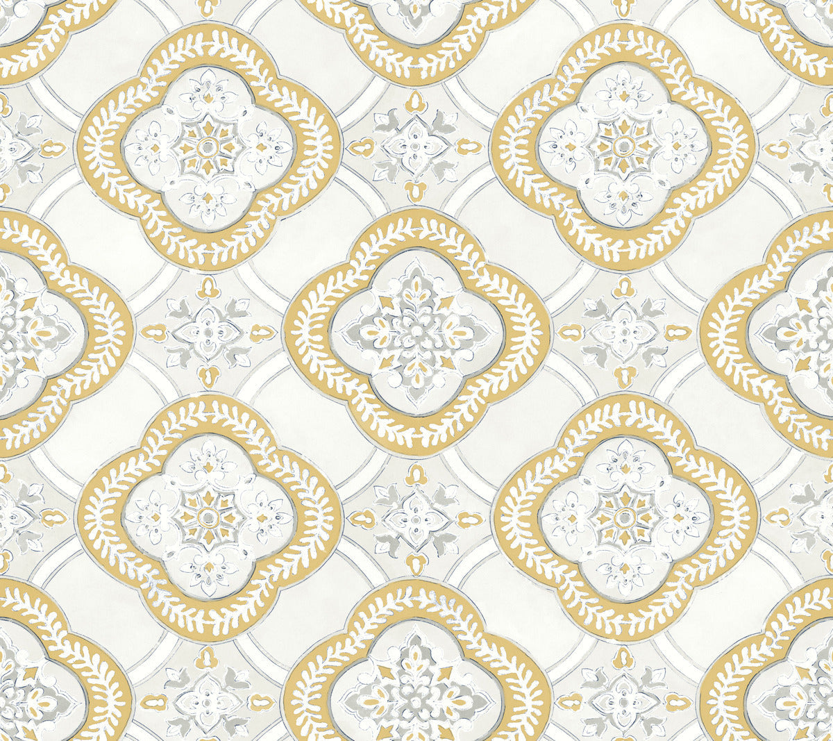 A repeating pattern featuring an ornate design in gold and white hues, showcasing Botanical Elegance. Each section displays a diamond shape with intricate floral and leaf motifs. The off-white background adds contrast to the gold and light grey detailing, perfect for York Wallcoverings Garden Trellis Ochre Wallpaper Yellow (60 Sq.Ft.) with Easy Installation and Removal.