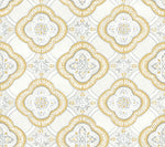 A seamless pattern featuring ornate, symmetrical designs in yellow and gray hues against a white background. The motifs, reminiscent of Garden Trellis Hazel Wallpaper Beige, Brown (60 Sq.Ft.) by York Wallcoverings, include floral elements and intricate details, creating a visually appealing, repetitive geometric layout perfect for removable wallpaper.