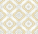 A repeating pattern featuring a stylized floral motif in white, yellow, and gray. The design is set within a diamond-shaped frame, offering botanical elegance with intricate detailing and symmetrical arrangements. Perfect for the York Wallcoverings Garden Trellis Onyx Wallpaper Black, Grey (60 Sq.Ft.) collection, it creates an elegant and ornate look.