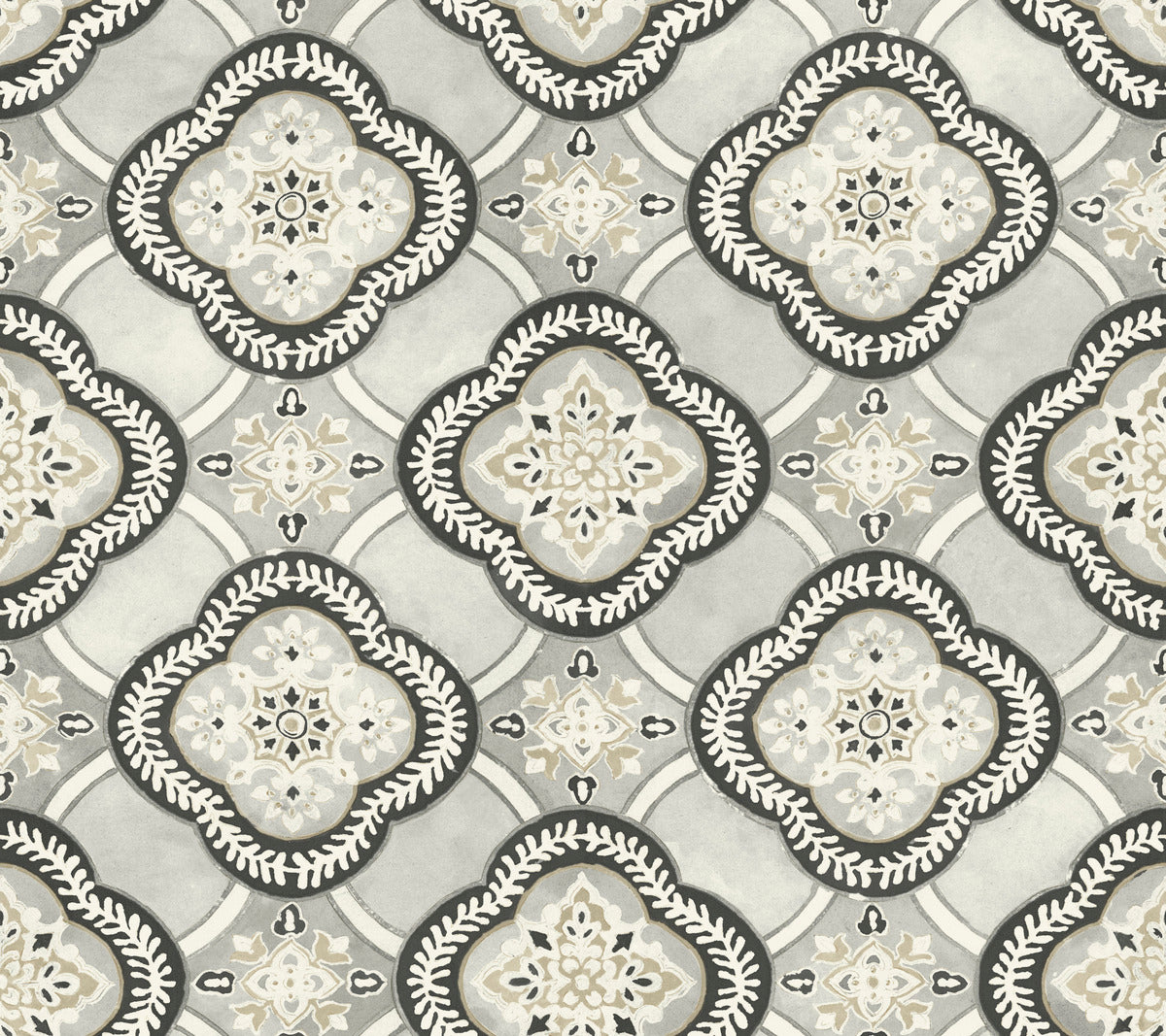 A geometric pattern features ornate diamond shapes containing intricate floral designs in shades of gray, beige, and white. The repeating motifs, reminiscent of the York Wallcoverings Garden Trellis Hazel Wallpaper Beige, Brown (60 Sq.Ft.), are bordered by leafy accents, creating a symmetrical and elegant decorative style.