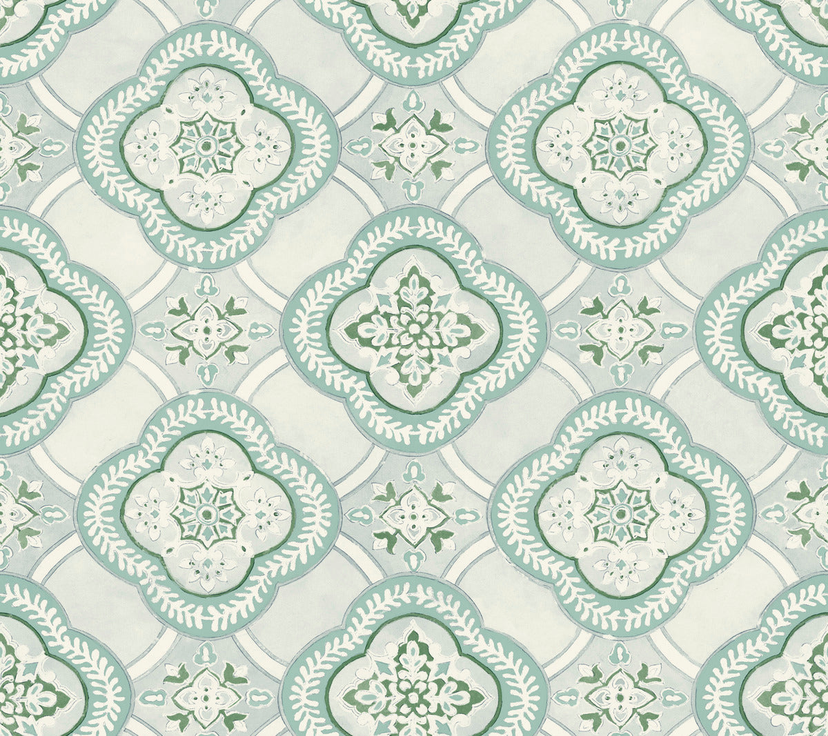 A tiled pattern with intricate geometric and floral designs in shades of green, white, and beige. The repeating motifs have a vintage, ornate appearance with symmetrical shapes that resemble starbursts and leaves. This **Garden Trellis Rain Wallpaper Blue, Grey (60 Sq.Ft.) by York Wallcoverings** offers botanical elegance and ensures easy installation and removal.