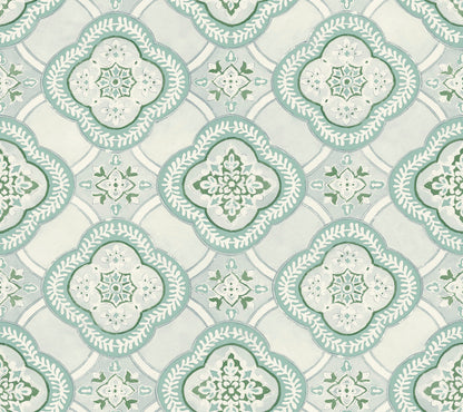 A repeating pattern of ornate, symmetrical designs in shades of green and white, set against a light off-white background. The pattern exudes botanical elegance with interconnected, curved shapes featuring leaf-like motifs and intricate, floral-inspired centers. Ideal for York Wallcoverings Garden Trellis Onyx Wallpaper Black, Grey (60 Sq.Ft.).