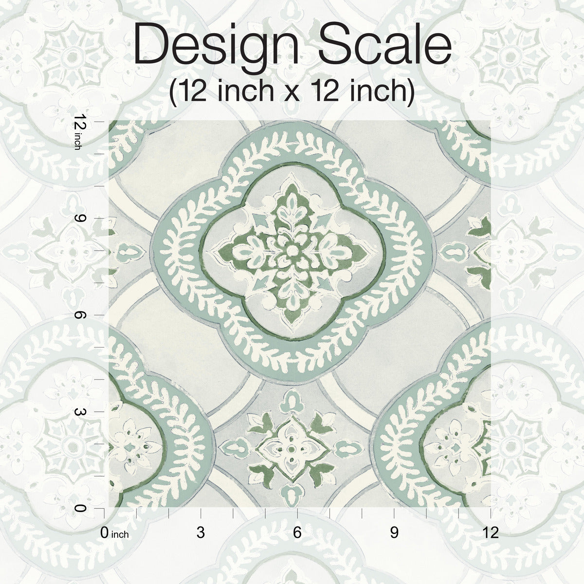 A detailed, symmetric tile design with a floral motif in green and white, positioned within a 12 inch by 12 inch scale. This Garden Trellis Hazel Wallpaper Beige, Brown (60 Sq.Ft.) by York Wallcoverings features a central flower surrounded by intricate leafy patterns on a muted white and gray background. Rulers mark the scale for this removable wallpaper.