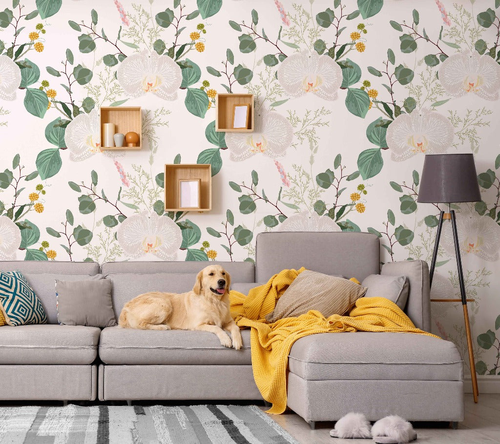 Living Room - A golden retriever lounges on a gray sofa in a living room with a Decor2Go Wallpaper Mural background. A knitted yellow throw is draped across the sofa, beside a floor lamp.