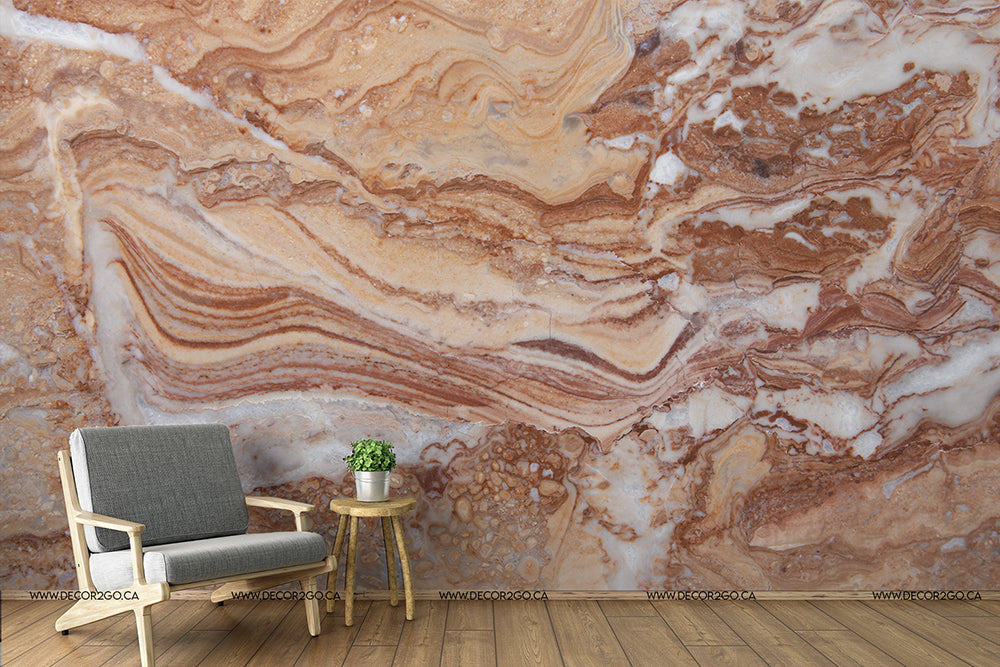 Living Room - A modern living room corner featuring a stylish gray armchair and a small wooden side table with a plant, against an elegantly textured Gemstone Diffused Marble Wallpaper Mural with swirling patterns of brown and beige by Decor2Go Wallpaper Mural.