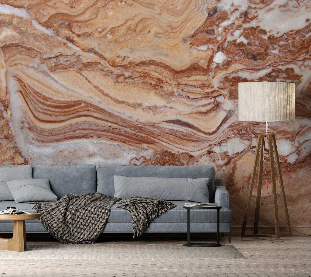 Living Room - A modern living room featuring a gray sofa with a plaid throw blanket, beside a stylish floor lamp, against a wall with striking Gemstone Diffused Marble Wallpaper Mural by Decor2Go Wallpaper Mural.