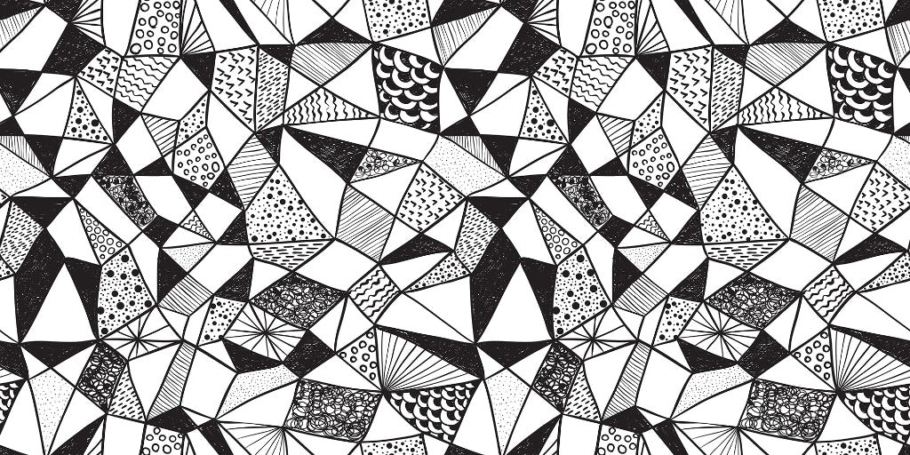 A modern Decor2Go Wallpaper Mural featuring a monochrome abstract Geometric Black & White pattern consisting of various triangles filled with diverse textures like dots, lines, and waves, creating a visually intricate tessellation.